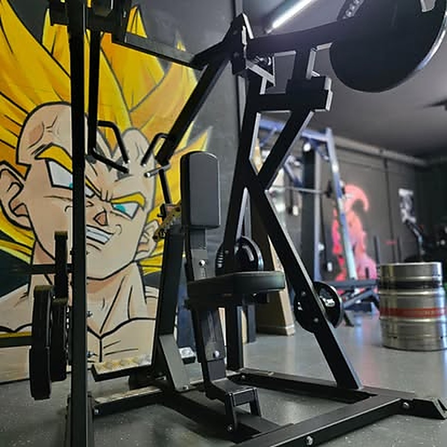 Black plate-loaded machine in front of a Dragon Ball mural